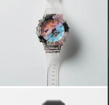 5a1ive iridescent pink-to-blue crystal custom G-Shock on a clear case