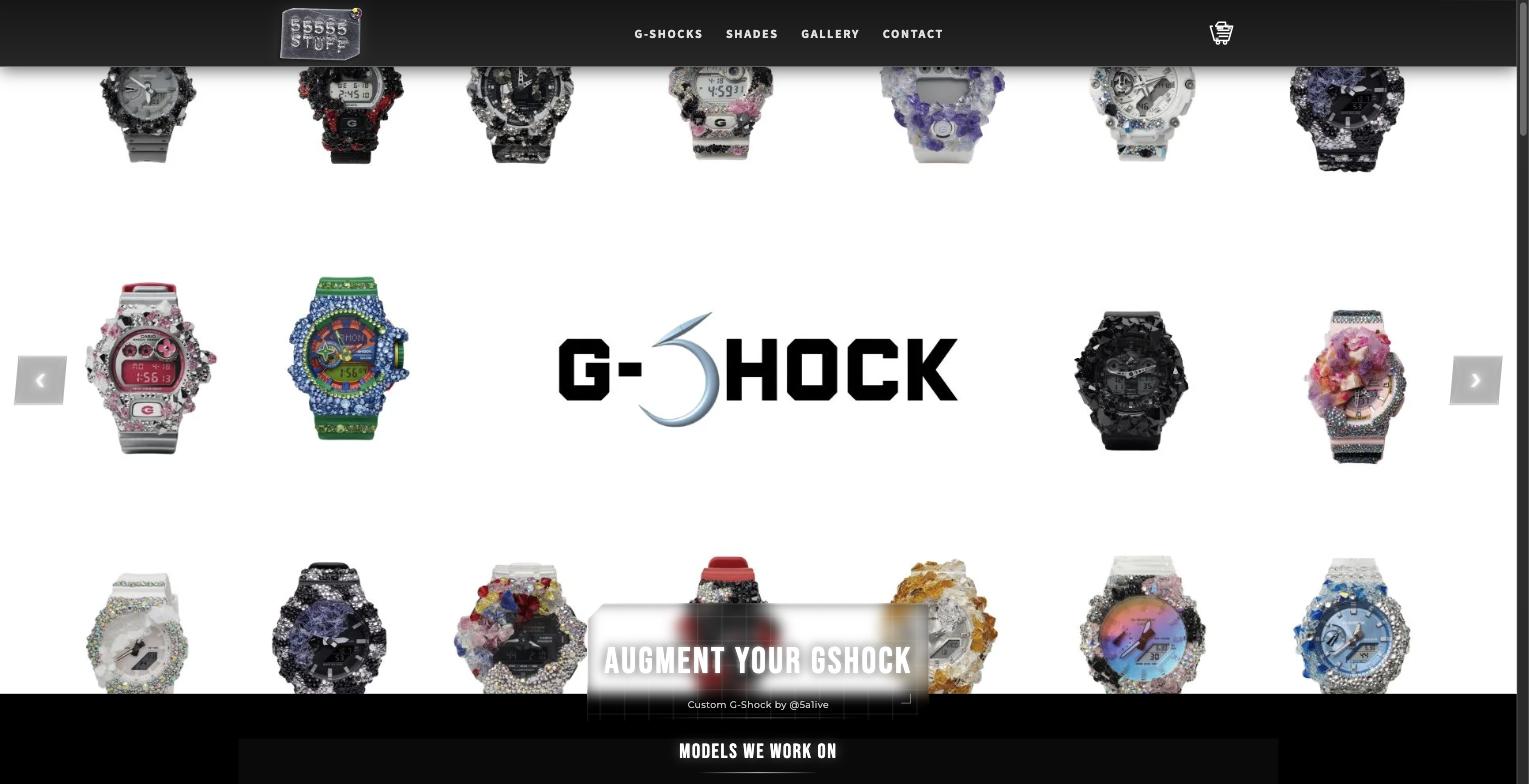 A wall of 5a1ive custom crystal-covered G-Shock watches from the 55555stuff collection